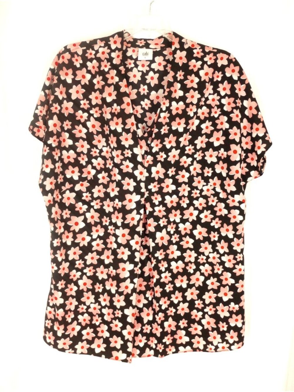 CAbi Harmony Floral Blouse Top L Vneck Black Pink Short Sleeve #5347